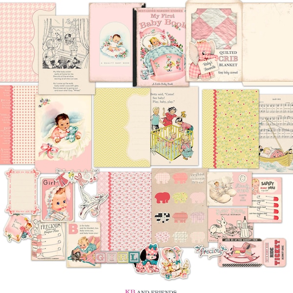 Retro Baby Girl in Pink Printable Junk Journal Mini Kit, Scrapbook Album, Ephemera / 5" by 7" pages & covers plus embellishments