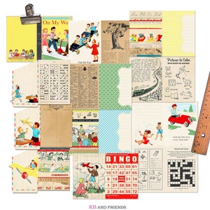 Retro Printable Junk Journal Kit, Scrapbook Album, Journal Pages of Children at Play / 5" by 7" front & back covers, 22 pages, 4 backgrounds