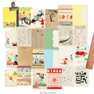 Retro Printable "On My Way" Junk Journal Kit, Scrapbook Album, Journal Pages of Children at Play to print for use in journals &  scrapbook