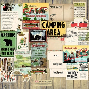 Printable Vintage Summer Camping Ephemera for Junk Journals, Scrapbooks, Crafts / 24 individual digital designs & 10 print-ready PDF pages