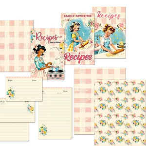 Printable Kitchen Delights Recipe Book Covers and recipe cards featuring vintage women for making recipe journals, cookbooks, scrapbooks