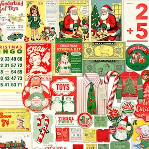 Printable Tinsel Twist digital, vintage-style papers featuring Santa Claus, cutouts, pages, & ephemera cards for junk journals, scrapbooks