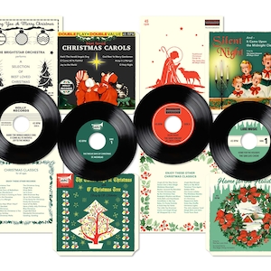 Könnte beinhalten: Eine Sammlung von Vintage-Weihnachts-45-RPM-Vinylplatten und Albumcovern. Die schwarzen Platten haben farbenfrohe Etiketten. Albumcover zeigen festliche Illustrationen und Texte, darunter "Christmas Carols" und "Silent Night".