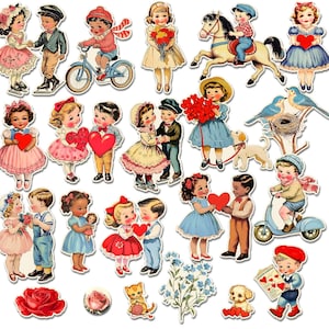 Printable Little Loves vintage-style digital Valentine's Day cutouts of boys and girls for use in making journals, scrapbooks, and crafts