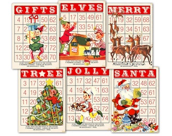 Decorative Printable Santa's Workshop Christmas Bingo Cards with Retro Elves for crafts, junk journals, scrapbooks in 3 sizes / JPEG, PDF