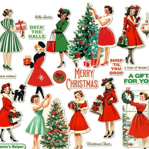 Printable Retro Women at Christmas digital cutouts of vintage-style women shopping and more plus sentiments for journals, scrapbooks, crafts