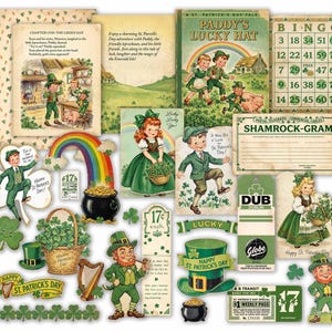 May include: A collage of vintage St. Patrick's Day ephemera, including illustrations of leprechauns, shamrocks, and rainbows. There are also book covers, bingo cards, and tickets. The color palette is primarily green, gold, and cream.