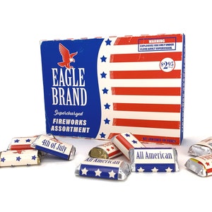 Printable Vintage Style Eagle Brand Fireworks Box with Candy Wrappers for Fourth of July / Independence Day digital box for candy, treats