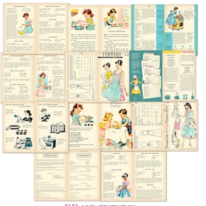 Printable Kitchen Delights Journal Pages with a retro-style cooking theme and vintage women to use in recipe journals, cookbooks, scrapbooks