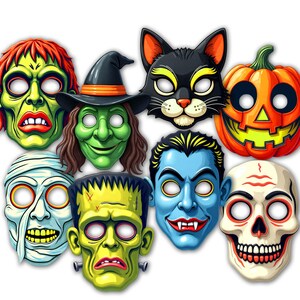 May include: A collection of Halloween masks featuring a zombie, witch, black cat, jack-o'-lantern, mummy, Frankenstein's monster, vampire, and skull. The masks are colorful and cartoonish, with a white background. Text at the bottom reads "KB AND FRIENDS" and "© 2025 KATHRYN BALINT".
