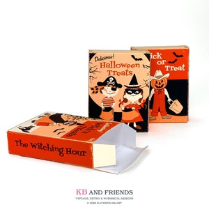 Printable Retro 60s Style Small Lidded Halloween Favor Boxes  / three 3" X 4" X 1" digital boxes to print and assemble for candy and treats