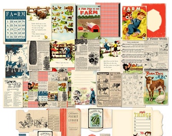 Printable Retro Farm Junk Journal Kit, Scrapbook Album, Ephemera in 2 sizes / 5" by 7" covers, pages, 3" by 4" ephemera cards plus envelopes