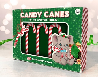 Printable Retro Candy Canes Elephant Box / digital 5" by 7" by 1.25"  Christmas box template for candy, gifts, crafts, diorama, shadowbox