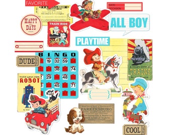 Retro boy printable embellishments for scrapbooks, junk journals, crafts / vintage cowboy, fireman, pilot, airplane, train / PDFs and PNGs