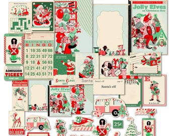 Retro Elves and Santa Digital Embellishments & Ephemera Cards for scrapbooks, junk journals / printable collage sheets, individual files