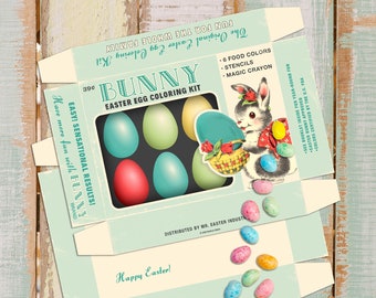Printable Retro Easter Egg Coloring Box with Bunny / 5" X 7" X 1.25" pastel do-it-yourself box for gifts, candy, crafts, diorama, shadowbox