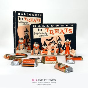 Printable Retro 60s Style Halloween Gift Boxes with Candy Wrappers  / two 5" X 7" X 1.25" digital boxes to make for candy, cookies, treats