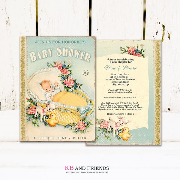 Storybook Baby Shower Invitation Shabby Vintage Printable / gender neutral book theme / personalize using web-based template, print or email