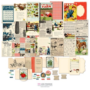 Printable Retro Farm Junk Journal Kit, Scrapbook Album, Ephemera in 2 sizes / 5" by 7" covers, pages, 3" by 4" ephemera cards plus envelopes