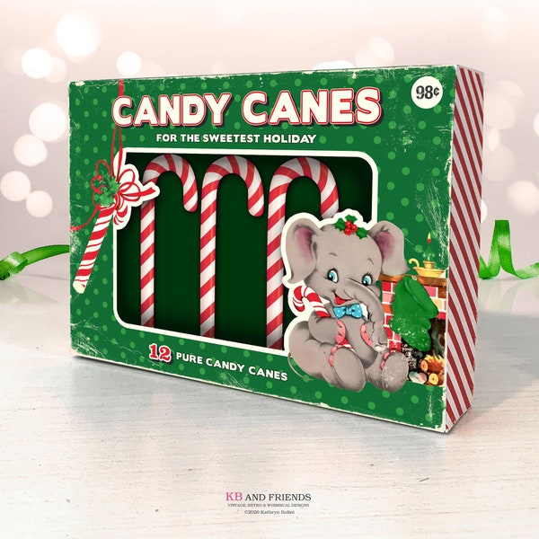 Printable Retro Candy Canes Elephant Box / digital 5" by 7" by 1.25"  Christmas box template for candy, gifts, crafts, diorama, shadowbox