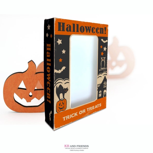 Printable Vintage Halloween Trick or Treats Box / digital 5" by 7" by 1.25" box template for candy, gifts, crafts, diorama, shadowbox