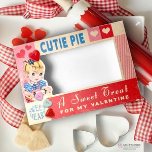 Retro Cutie Pie Printable Valentines Day Treats Box  / digital vintage baker girl 5&quot; X 7&quot; X 1.25&quot; box for gifts, crafts, diorama, shadowbox