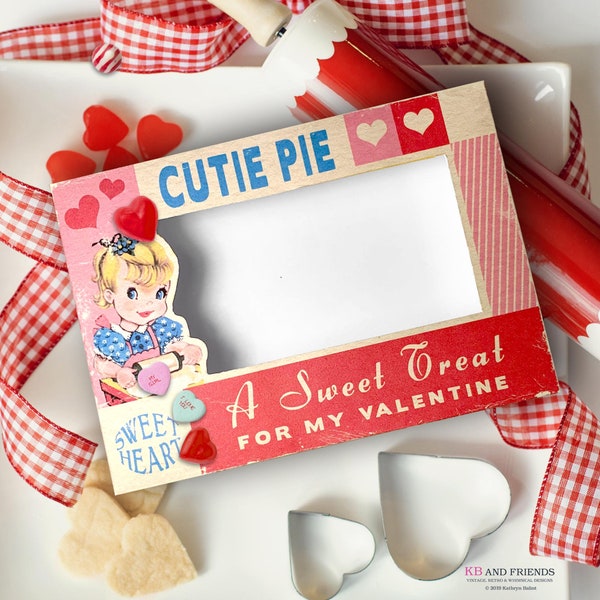 Retro Cutie Pie Printable Valentines Day Treats Box  / digital vintage baker girl 5" X 7" X 1.25" box for gifts, crafts, diorama, shadowbox