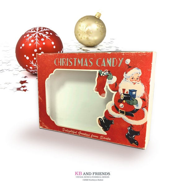 Printable Retro Christmas Candy Box with Santa Claus / digital 5" by 7" by 1.25" vintage box template for candy, gifts, crafts, diorama