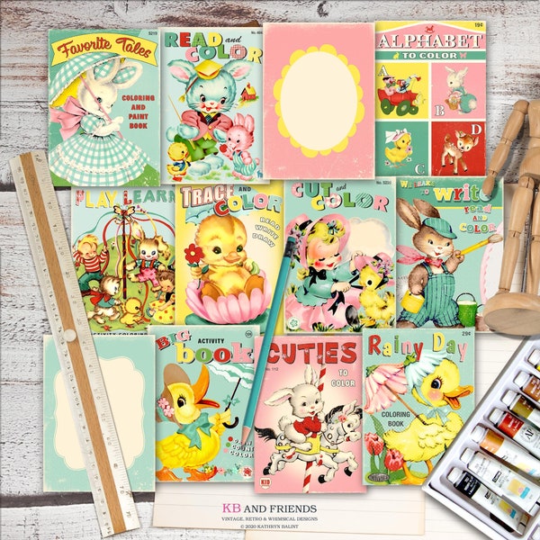 Retro Spring Coloring Book Covers: Printable Vintage Style Junk Journal Scrapbook Ephemera (Digital Download)