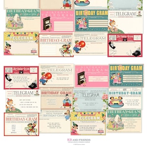 Retro Birthday Telegrams / birthday-grams ephemera cards for gift tags, crafts, scrapbooks / 12 6" by 4" designs, both with sayings & blank