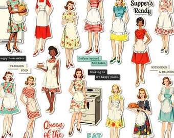 Retro Style Women in Aprons Cutouts: 1950s-60s Queen of the Kitchen Printables (Digital Download)