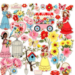 Fresh Flowers  printable, digital vintage-style girls, flowers and papers for gardening junk journals, scrapbooks, cards, other paper crafts