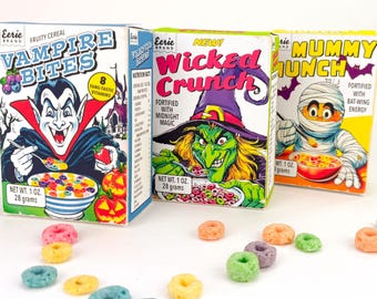 1970s Style Halloween Cereal Treat Boxes: Witch, Vampire, Mummy / Printable Vampire Bites (Digital Download)