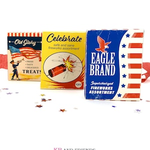 Digital Vintage Fourth of July Small Lidded Treats Boxes, set of three 3" X 4" X 1"  templates to print and assemble for Independence Day