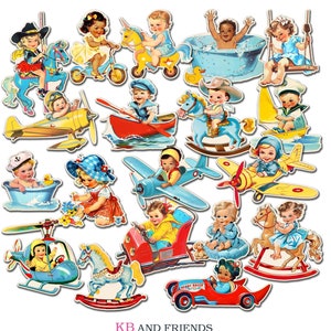 Printable "Flights of Fancy" Vintage-Style digital die-cuts of children at play plus papers & labels for making scrapbooks, journals, cards