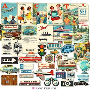 Digital, Printable Retro Travels Vintage-Style Vacation and Road Trip Cards, Cutouts, Ephemera for scrapbooks, journals, paper crafts