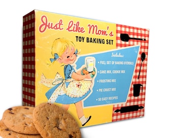 Printable Retro Toy Bake Set Box/ 5" X 7" X 1.25" do-it-yourself box for gifts, candy, crafts, recipes / kitchen, cooking, vintage girl