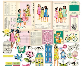 Retro Style Sewing Pattern Covers and Ephemera: Fancy Free Journal & Scrapbook Graphics (Digital Download)