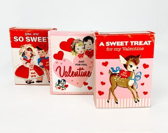 Printable "So Sweet" Retro Style Small Lidded Valentine's Day Favor Boxes  / three 3" X 4" X 1" digital boxes to assemble for candy, treats