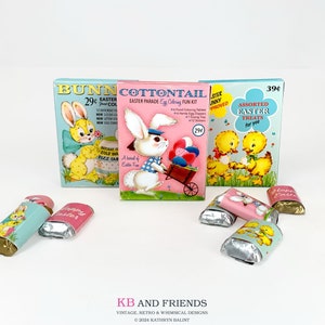 May include: Three vintage Easter-themed boxes with bunny, chick, and cottontail illustrations. The boxes contain assorted Easter treats, including egg coloring kits and candy. The boxes are displayed on a white surface with wrapped chocolate candies.