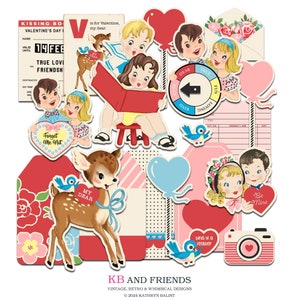 Printable "My Dear" Retro-Style Valentine's Day cutouts of boys and girls, pockets, papers & tags for scrapbooks, journals, paper crafts
