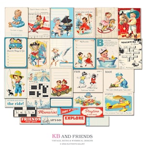 Printable "Come Play with Me" Vintage-Style digital ephemera cards of children at play plus papers to make scrapbooks, journals, cards, tags