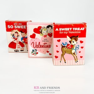 Printable "So Sweet" Retro Style Small Lidded Valentine's Day Favor Boxes  / three 3" X 4" X 1" digital boxes to assemble for candy, treats