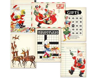 Puede incluir: Un collage digital de imágenes navideñas vintage. El collage incluye un Papá Noel con un traje rojo, un Papá Noel con un traje rojo y un trineo, un grupo de renos tirando de un trineo, un crucigrama de Navidad, un juego de regalos y un Papá Noel con un traje rojo y un letrero de taller.