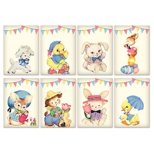 Retro spring animals collage sheet / Printable cards for Easter, spring / digital ATC, ACEO / bunny rabbit, chick / 2.5" by 3.5"