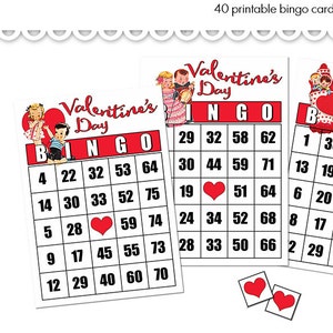 Digital retro Valentines Day bingo card game kit / DIY / vintage children / red and white / printable /download / PDF / 40 cards / 4 designs