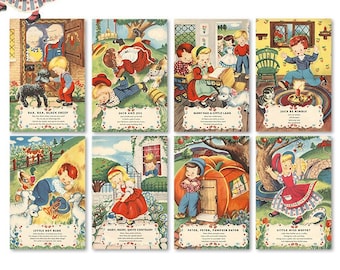Printable nursery rhyme cards/ printable PDF / digital collage sheet / 4&quot; by 6&quot; / flashcards / postcards / vintage Mother Goose children