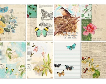 May include: A set of six vintage-style cards featuring a variety of nature-inspired designs. The cards include images of butterflies, birds, flowers, and text. The cards are perfect for scrapbooking, card making, or other craft projects.