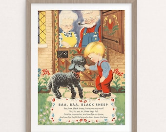 Baa, Baa, Black Sheep Nursery Rhyme Printable Poster: Vintage Style Mother Goose (Digital Download)