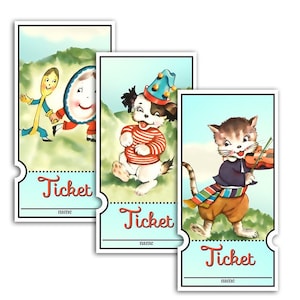 May include: Three colorful ticket designs featuring cartoon characters. The first ticket features a spoon and a plate, the second ticket features a dog wearing a hat, and the third ticket features a cat playing a violin. Each ticket has the word "Ticket" and a space for a name.